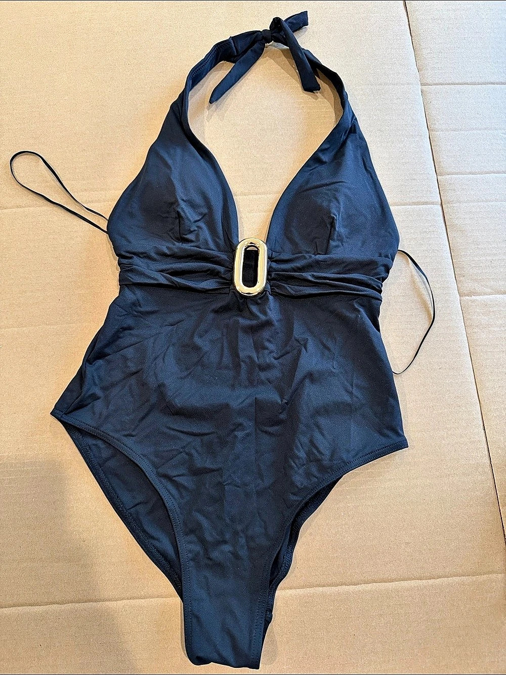 Zara size M black halter neck swimsuit with metal piece